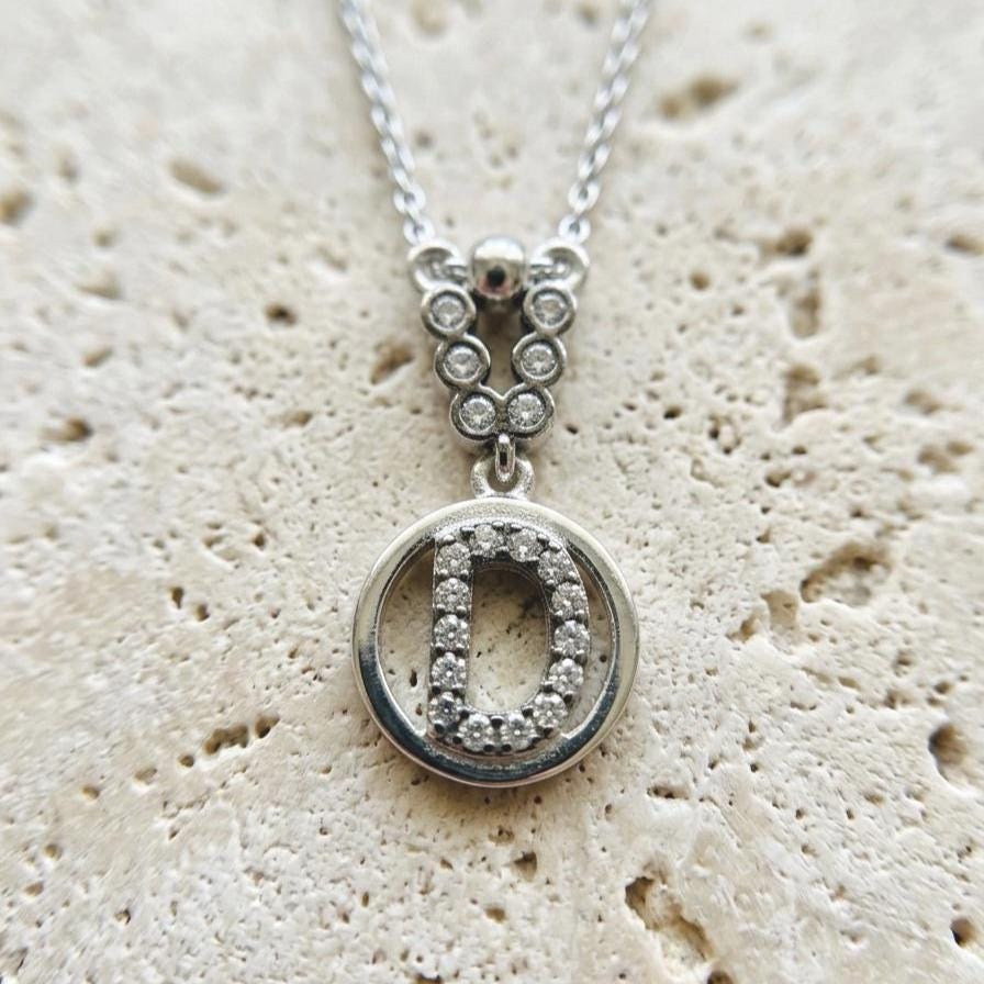 Personalized Sterling Silver D Necklace with Zircon Letters