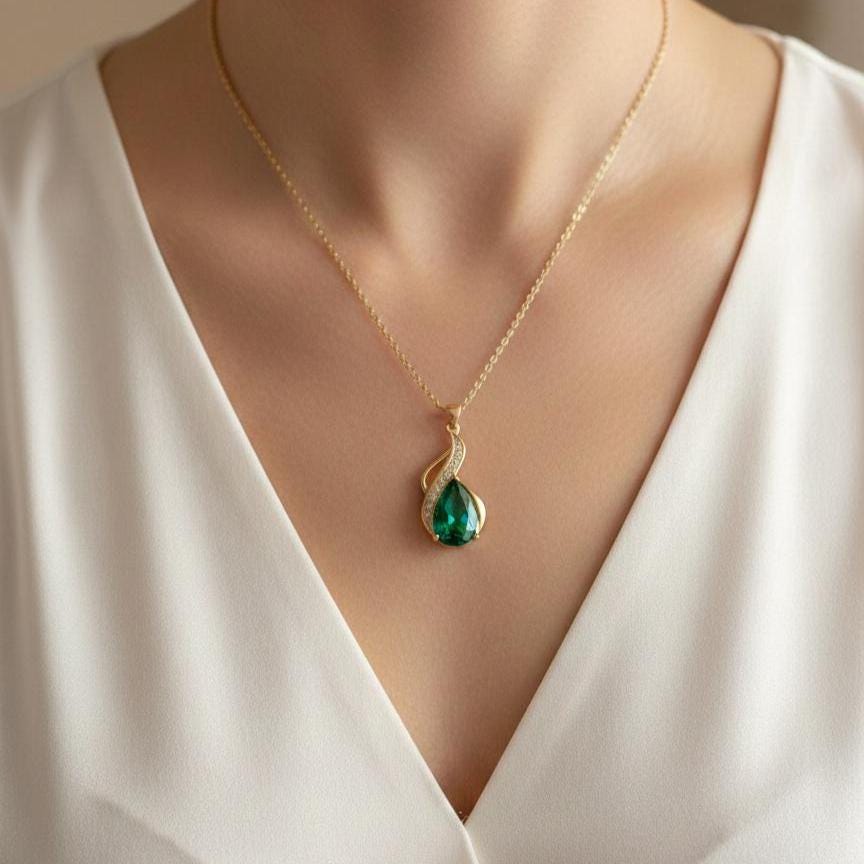 Emerald Teardrop Necklace – Gold Vermeil May Birthstone