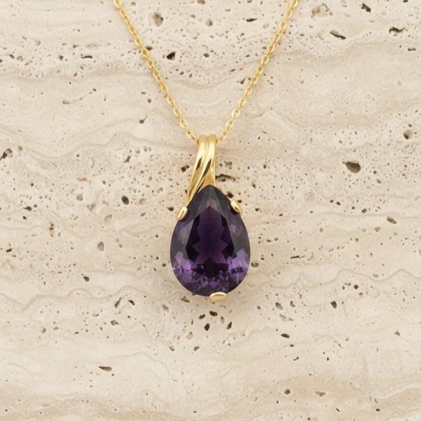 Gold Vermeil Amethyst Teardrop Necklace - February Birthstone Pendant - Dainty Jewelry