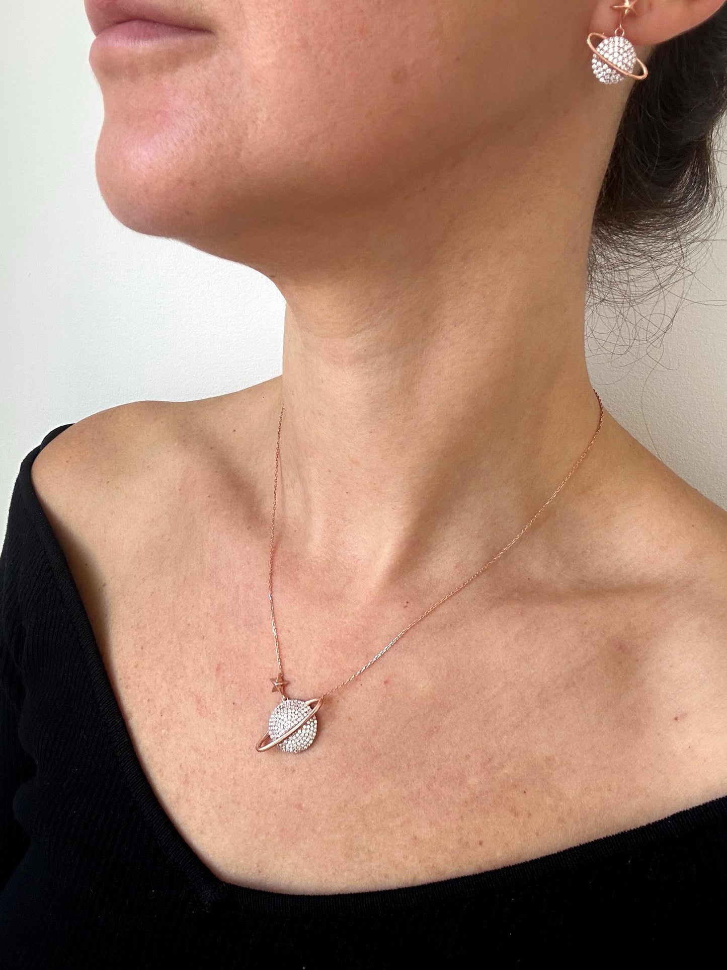 Sterling Silver Planet Pendant, Saturn Necklace in Rose Gold, Celestial Charm, Space Necklace,Exclusive Gift for Her