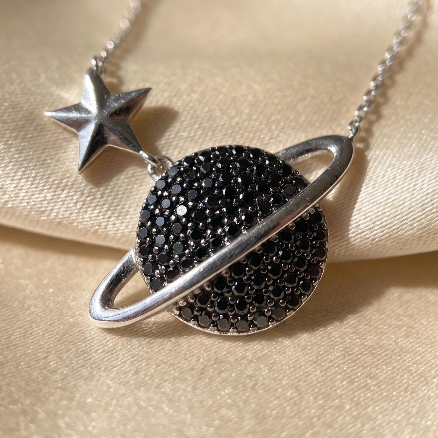 Glamorous Cosmic Necklace - Black Zircon Saturn Pendant in Sterling Silver -Gift for Her