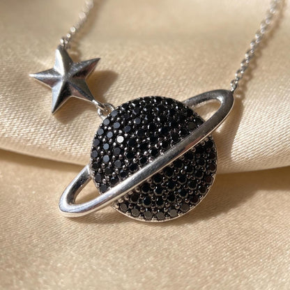 Glamorous Cosmic Necklace - Black Zircon Saturn Pendant in Sterling Silver -Gift for Her