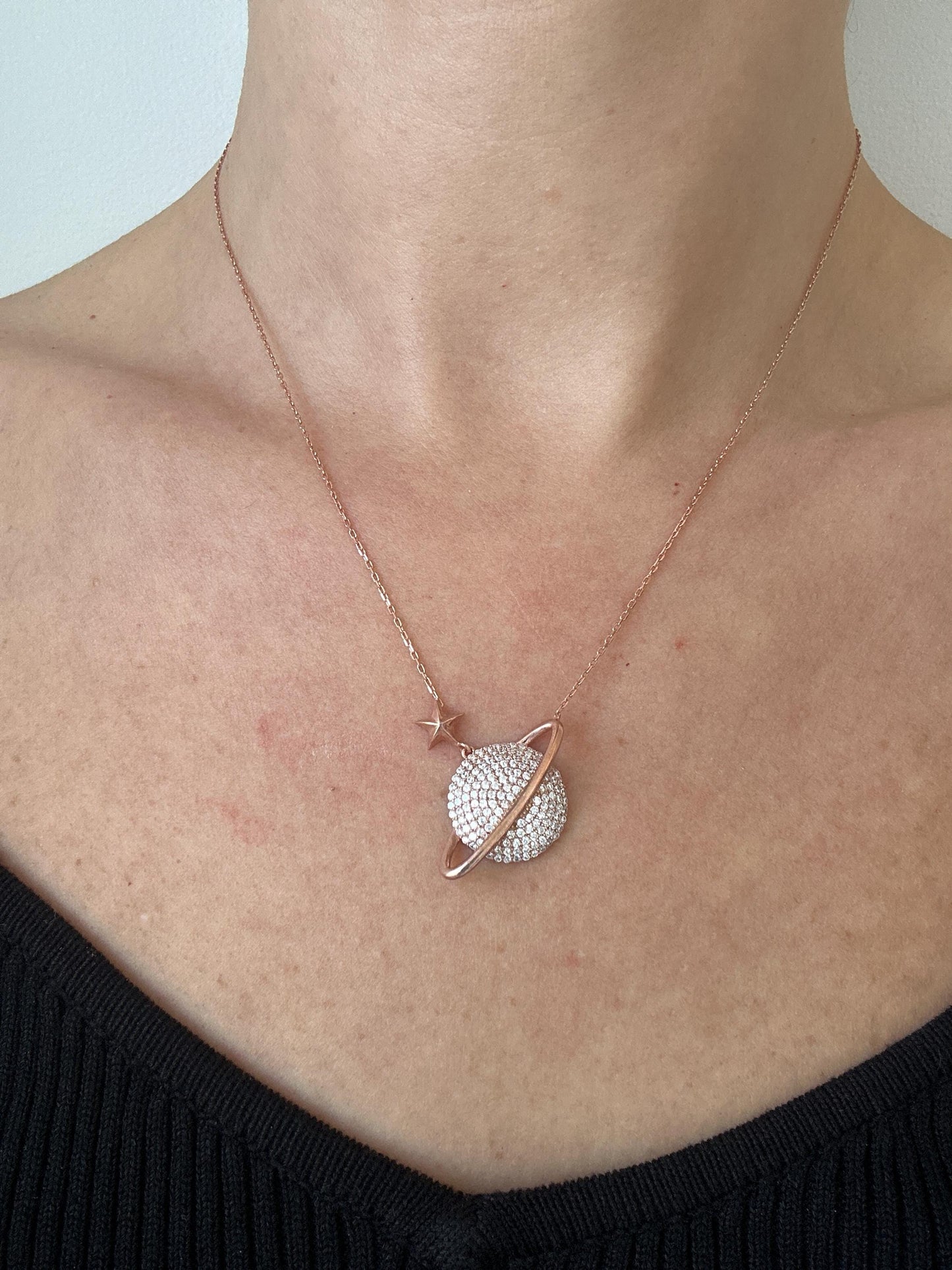 Saturn Planet Necklace Set in Sterling Silver - Celestial Jewelry- Gift for Her