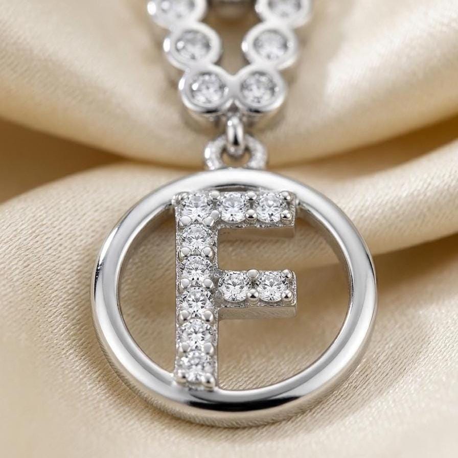 Custom Sterling Silver F Initial Necklace with Zircon Letter Charm