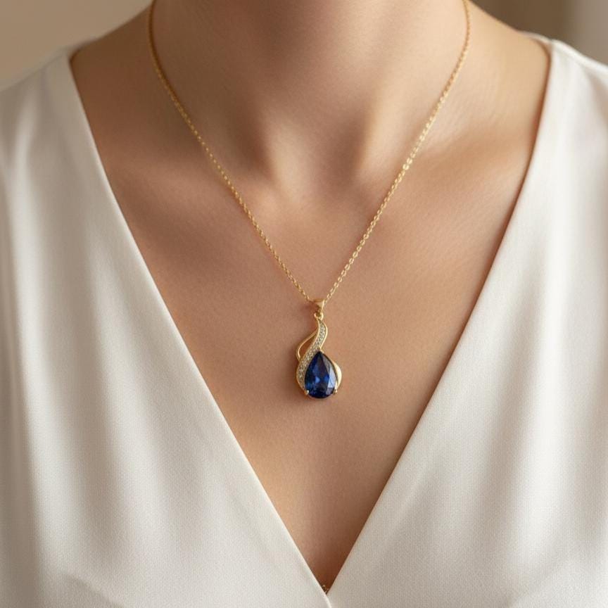 Royal Blue Gold Vermeil Sapphire Pendant - September Birthstone Necklace