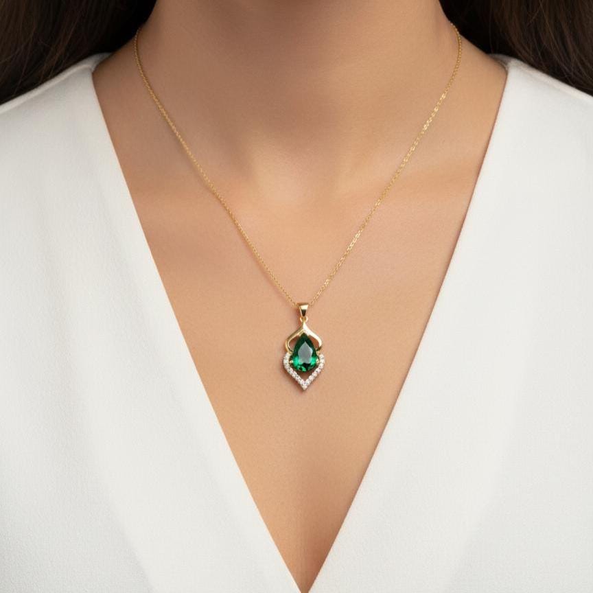Gold Vermeil Emerald Pendant - Sterling Silver May Birthstone Necklace