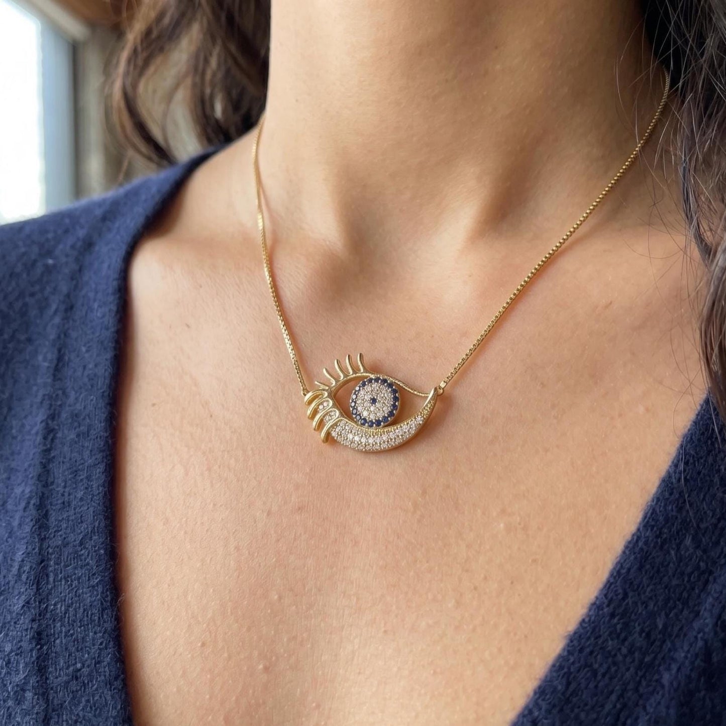 Gold Vermeil Evil Eye Necklace -  Sterling Silver Dainty Zircon Pendant - Gift For Her