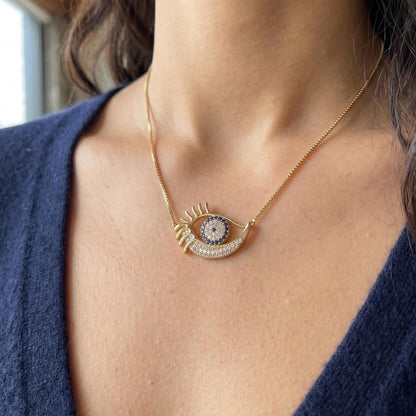 Gold Vermeil Evil Eye Necklace -  Sterling Silver Dainty Zircon Pendant - Gift For Her