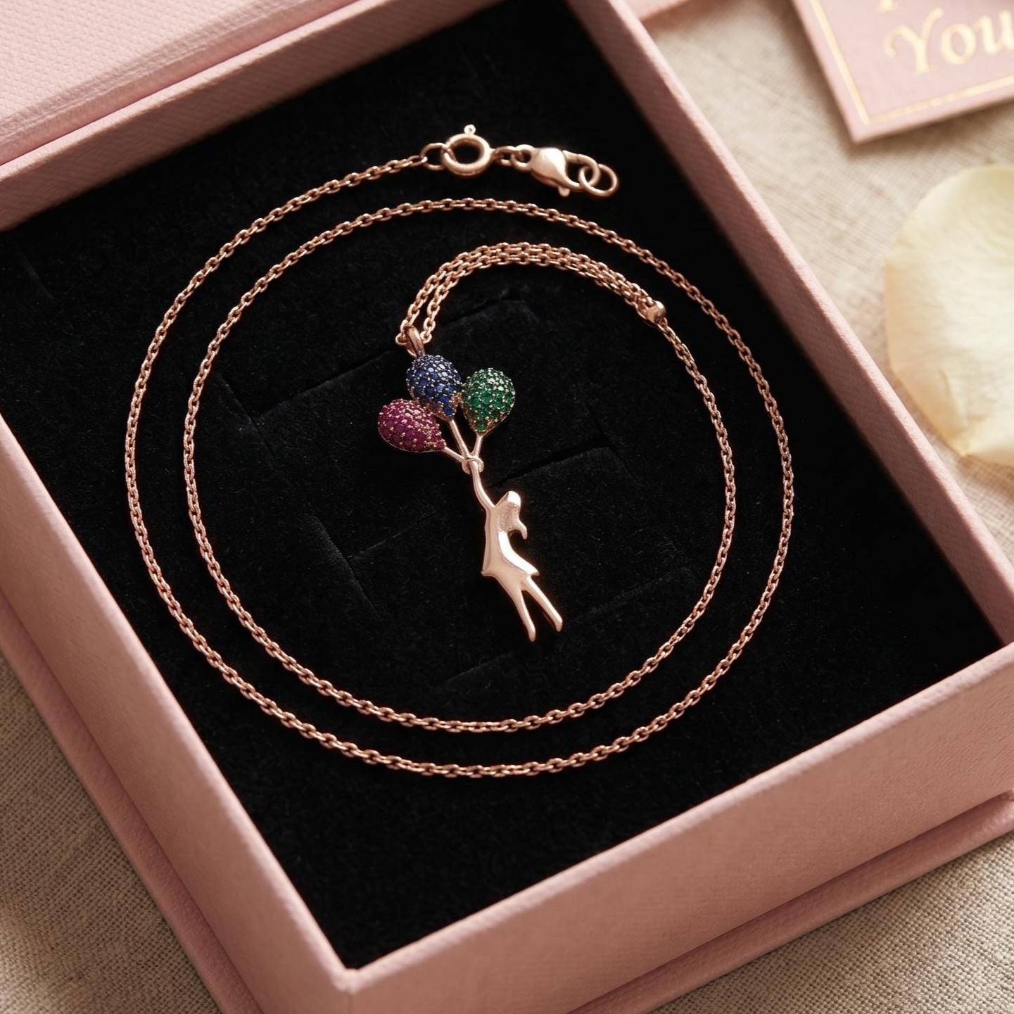 Sterling Silver Balloon Pendant Necklace - Rose Gold Flying Girl with Zircon