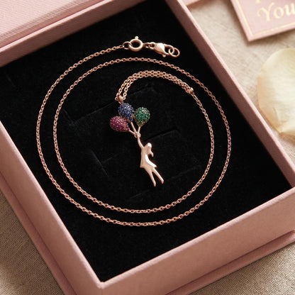 Sterling Silver Balloon Pendant Necklace - Rose Gold Flying Girl with Zircon