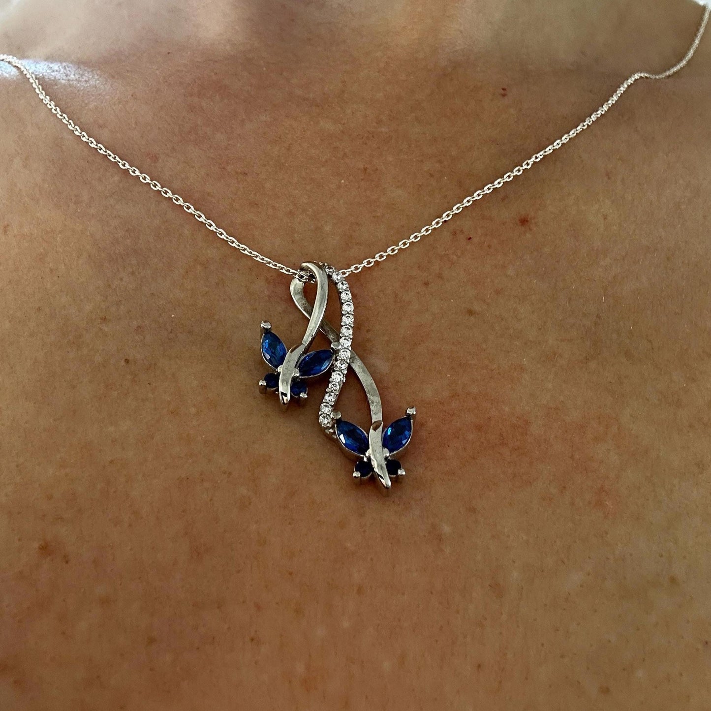 Sapphire Butterfly Necklace - September Birthstone Pendant-Infinity Love Sterling Silver Jewelry