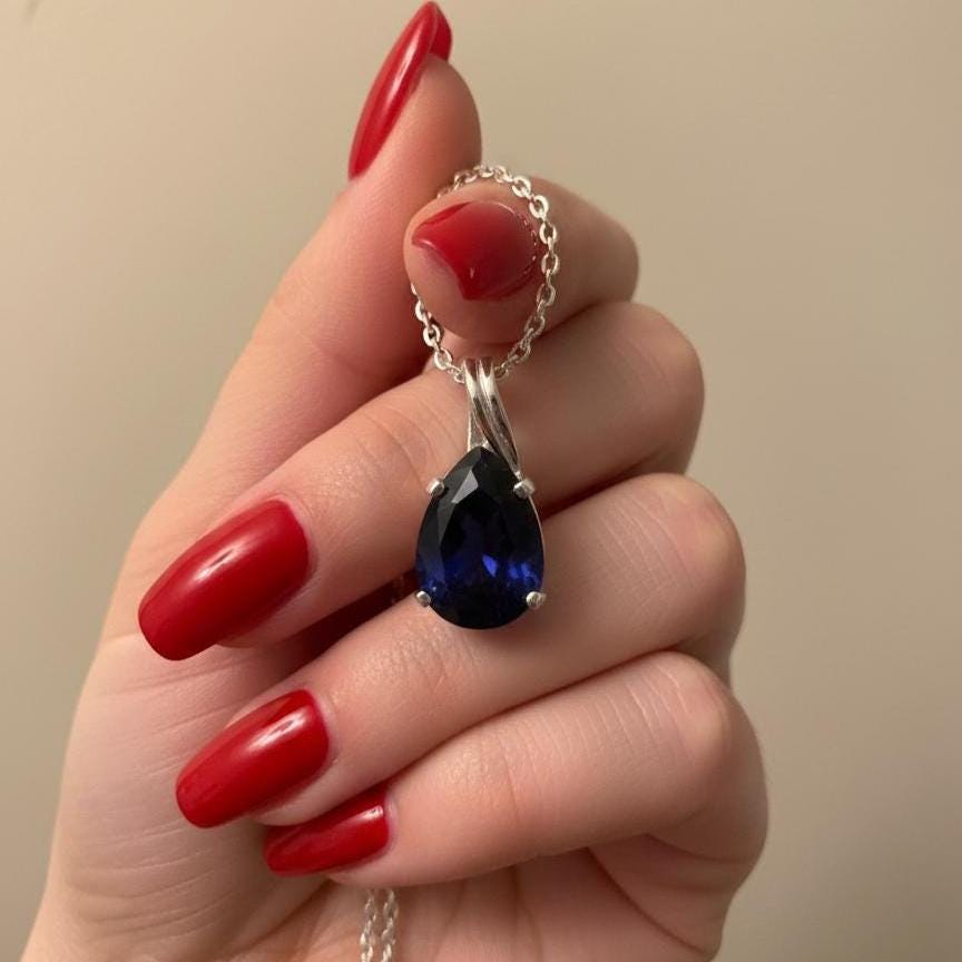 Sapphire Teardrop Necklace - September Birthstone Pendant -  Gift For Her