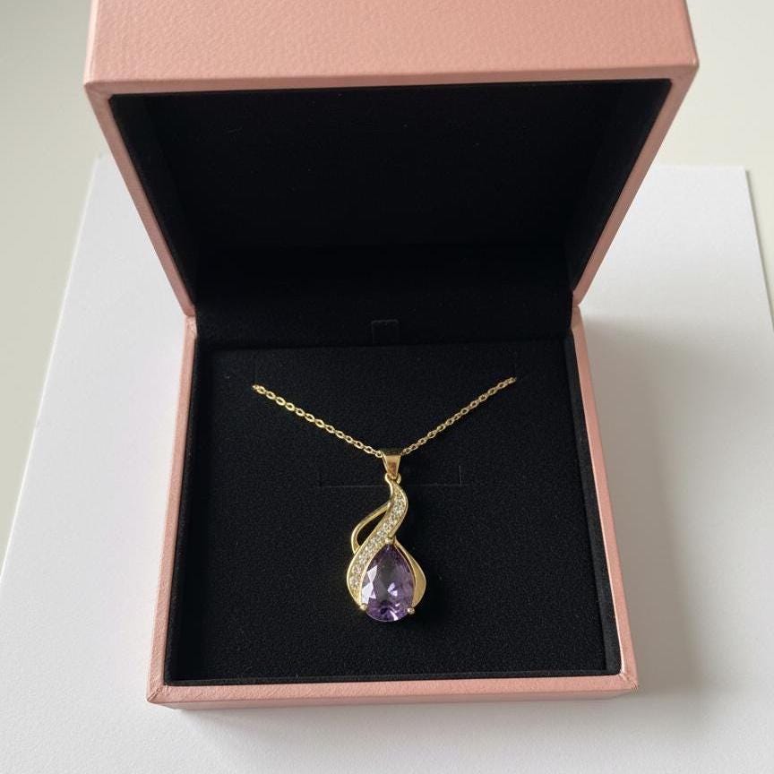 February Birthstone Necklace – Gold Vermeil Amethyst Teardrop Pendant