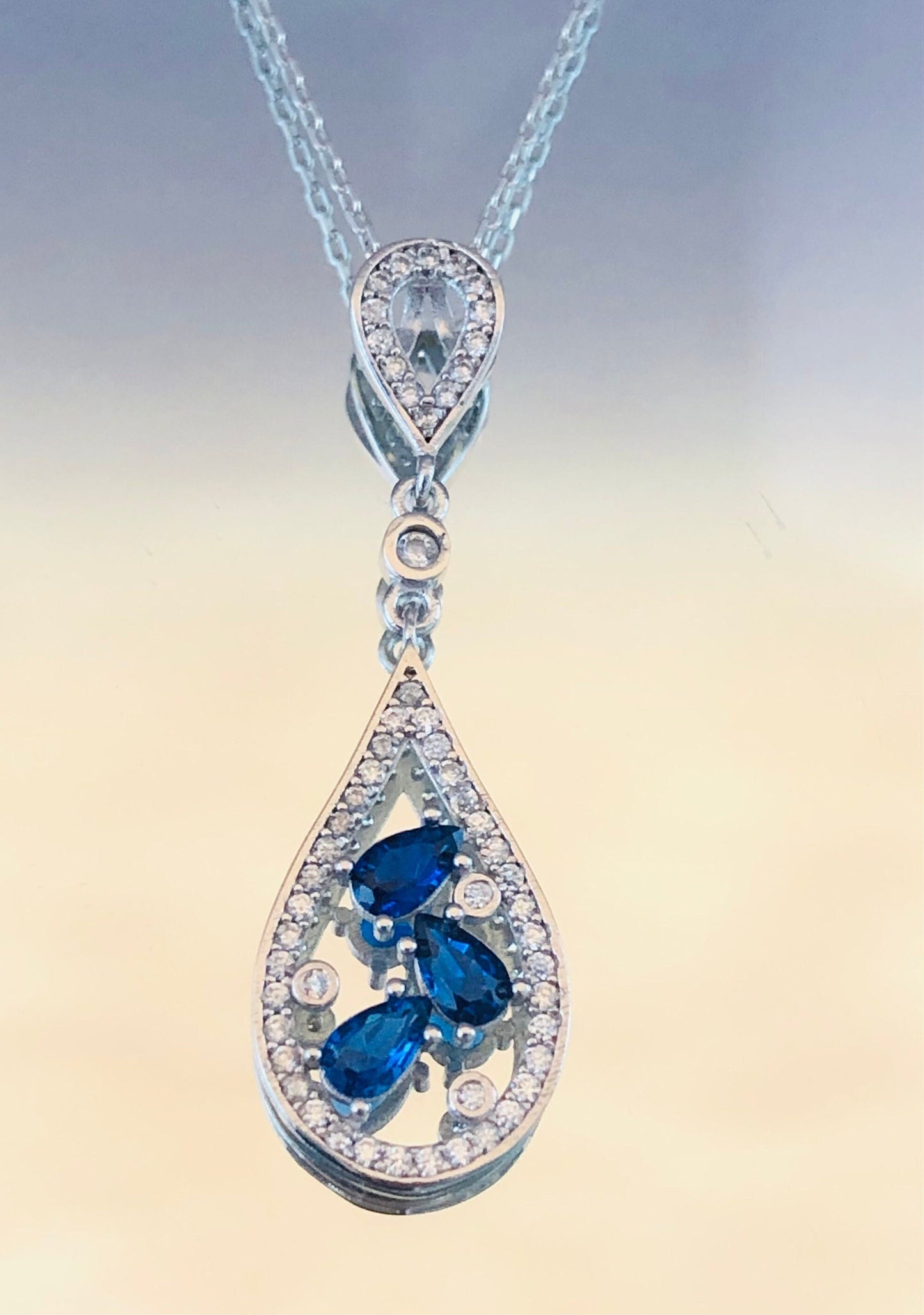 Sterling Silver Sapphire Pendant - September Birthstone Teardrop Necklace -