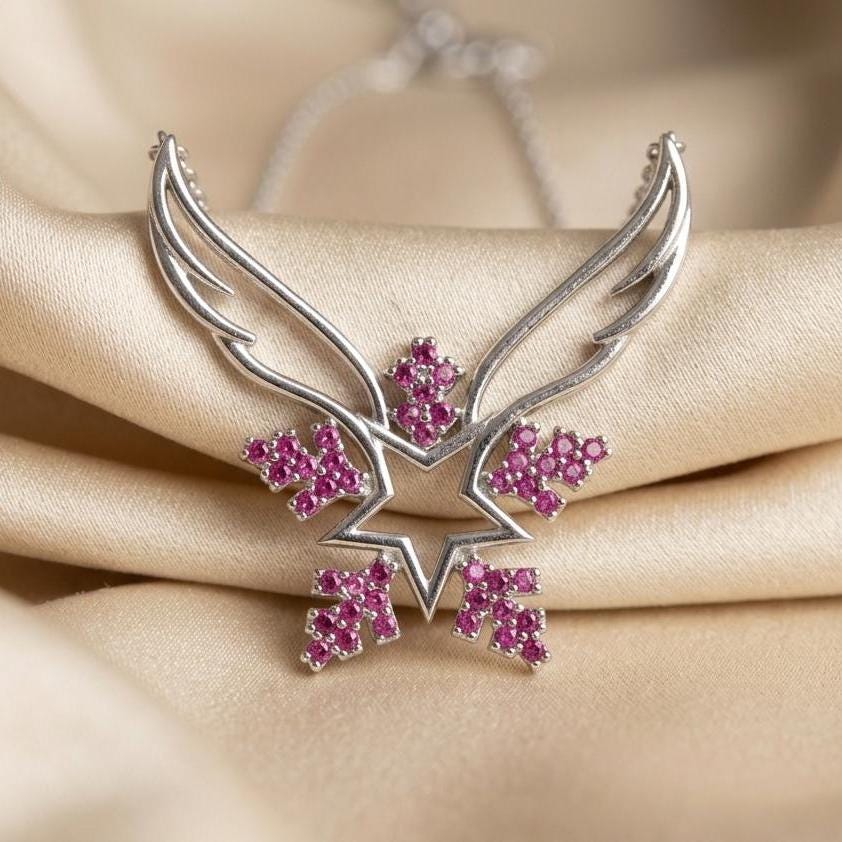 Sterling Silver Angel Wing Snowflake Necklace Featuring Pink Zircon Gem