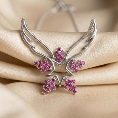 Sterling Silver Angel Wing Snowflake Necklace Featuring Pink Zircon Gem