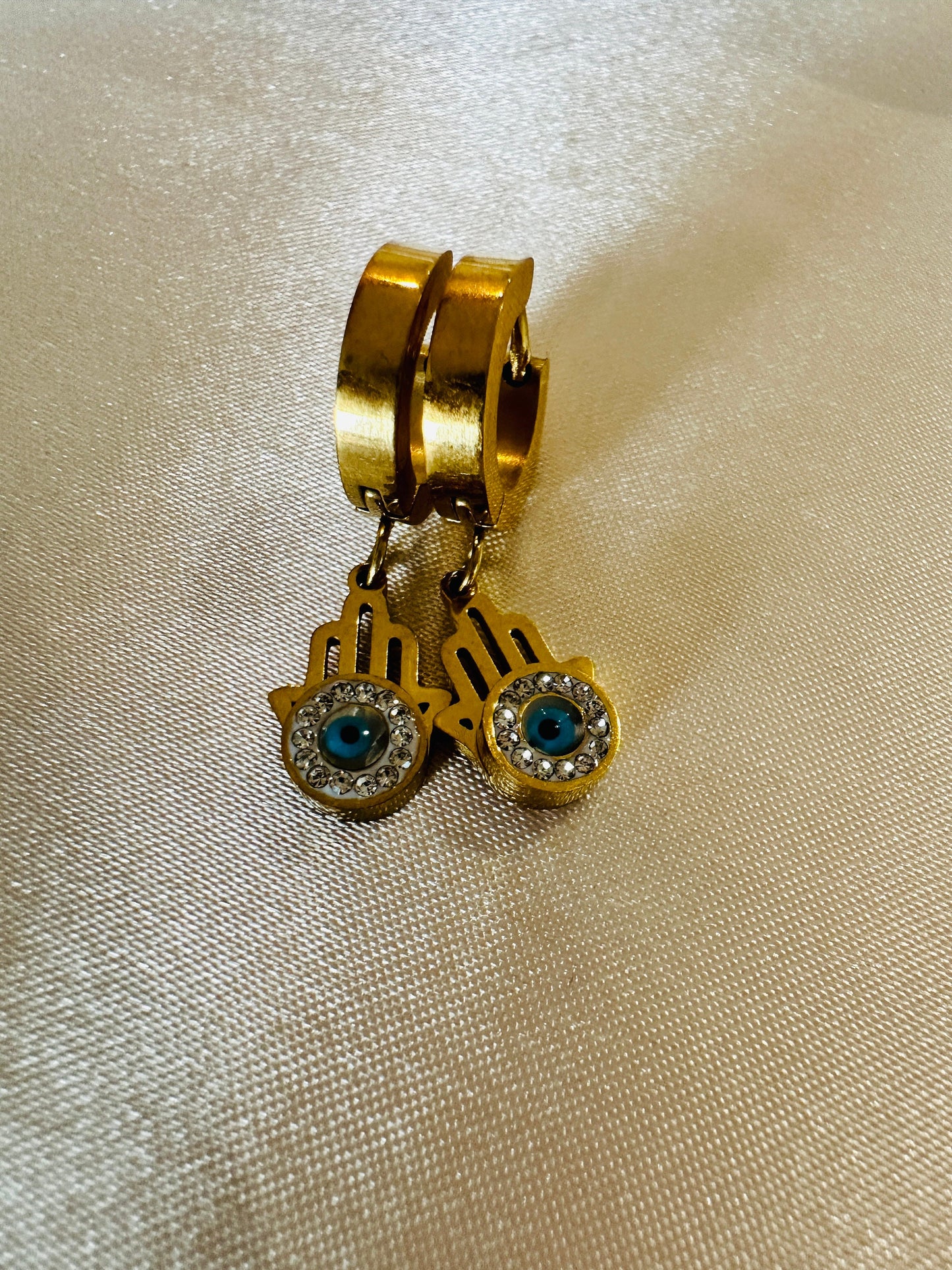 Gold Hamsa Hand Evil Eye Earrings: 18K Plated Stainless Steel