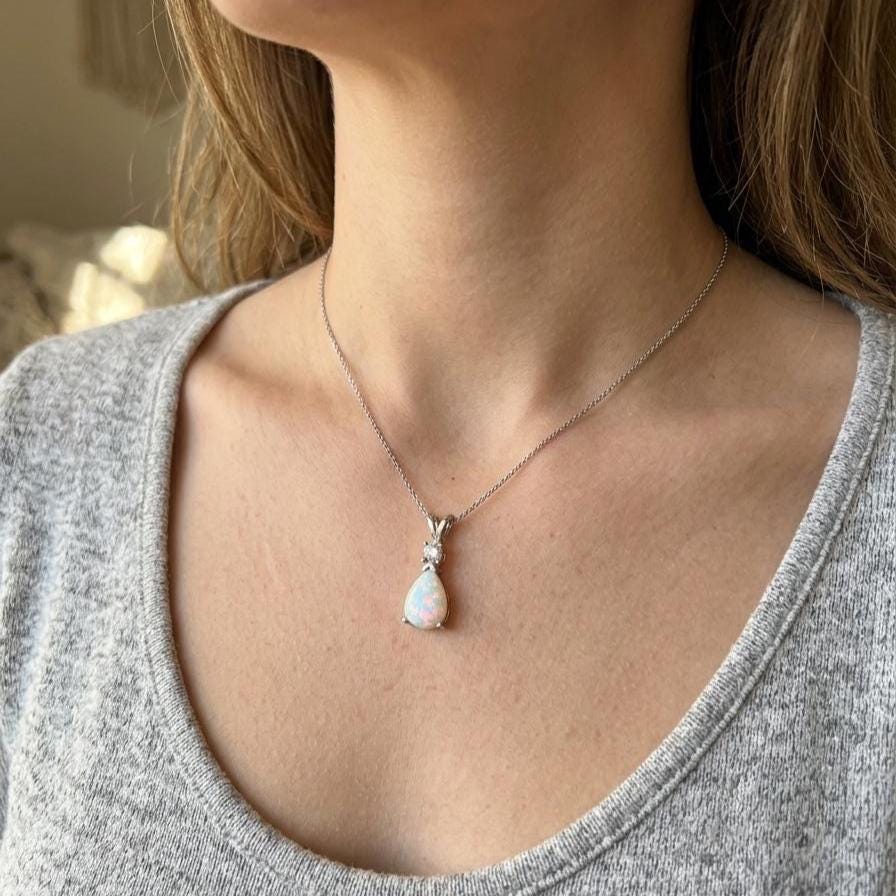 Opal Minimalist Necklace - October Birthstone Pendant - Dainty Jewelry -925 Sterling Silver