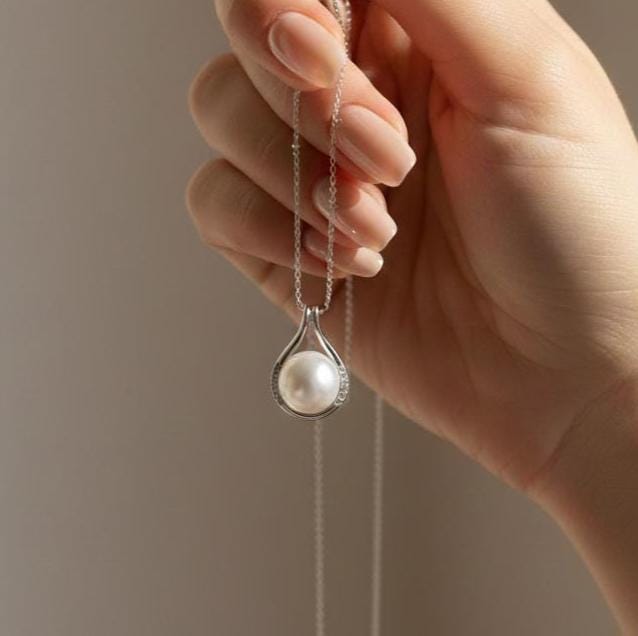 White Pearl in Sterling Silver Circle Charm -Dainty