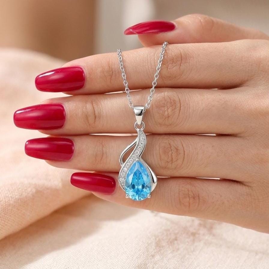 Aquamarine Teardrop Necklace – Sterling Silver March Birthstone Pendant - Gift For Her