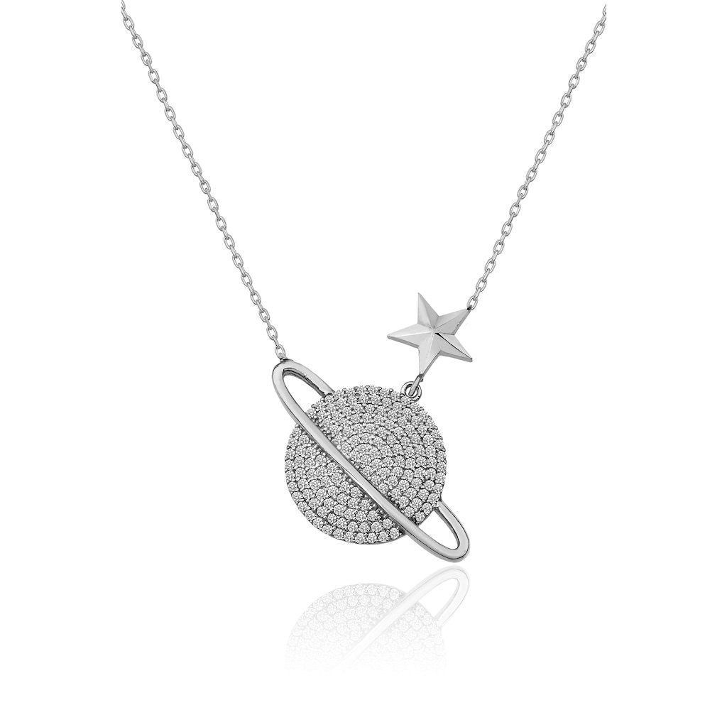 Celestial Charm-Sterling Silver Saturn Necklace with Sparkling Zircon Planet Pendant -Exclusive Gift for Her