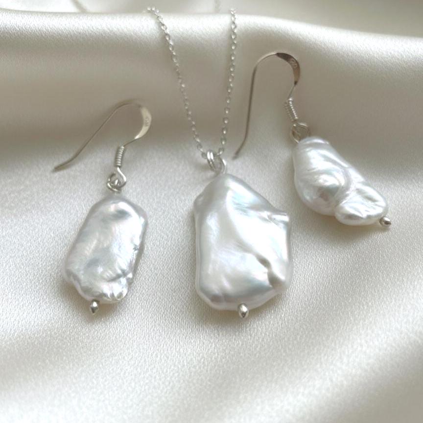 Handcrafted Sterling Silver Baroque Pearl Necklace & Earrings Set