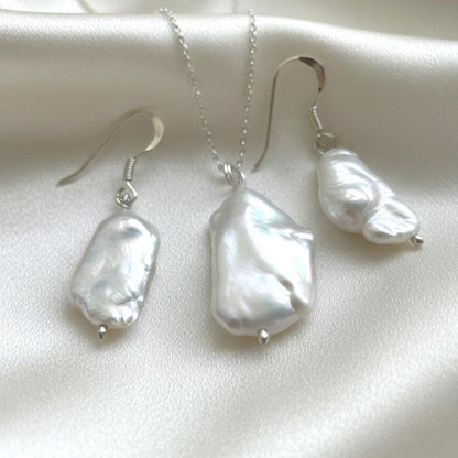 Handcrafted Sterling Silver Baroque Pearl Necklace & Earrings Set