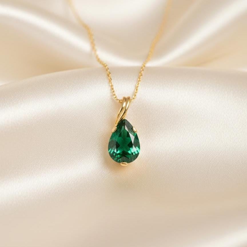 Gold Vermeil Emerald Teardrop Necklace - May Birthstone Pendant