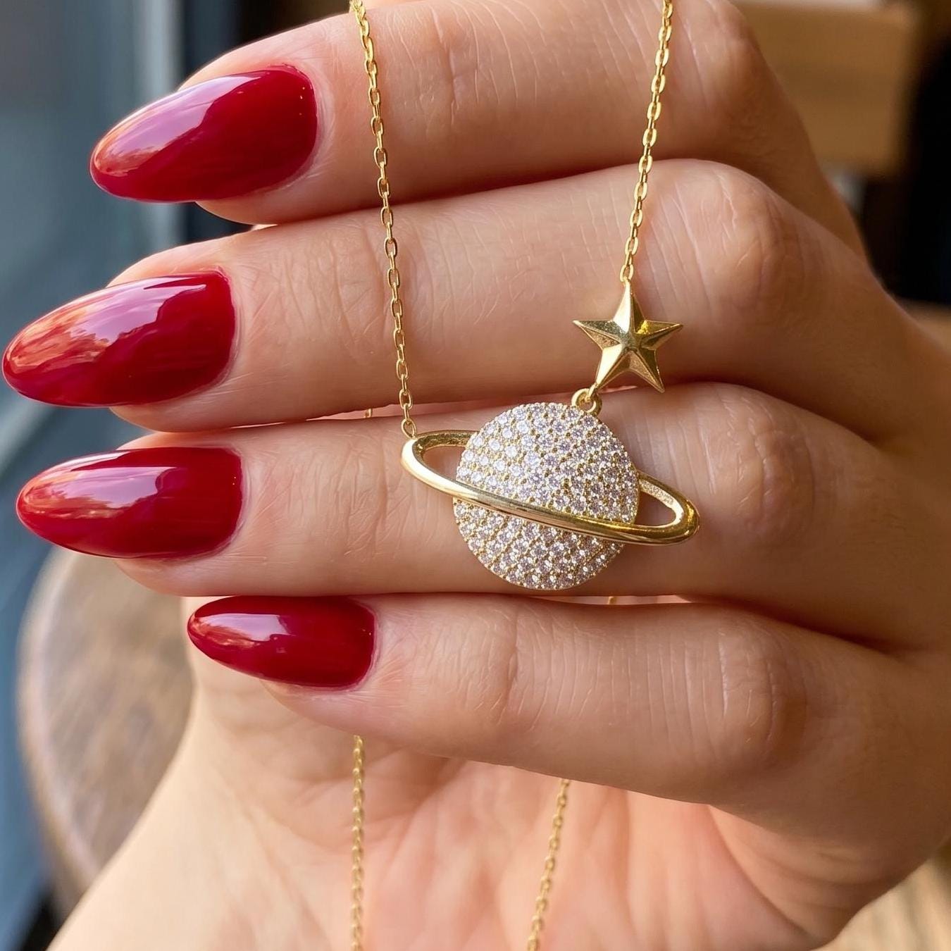 Gold Vermeil Saturn Pendant Necklace - Sterling Silver Zircon Planet Jewelry-Gift For Her