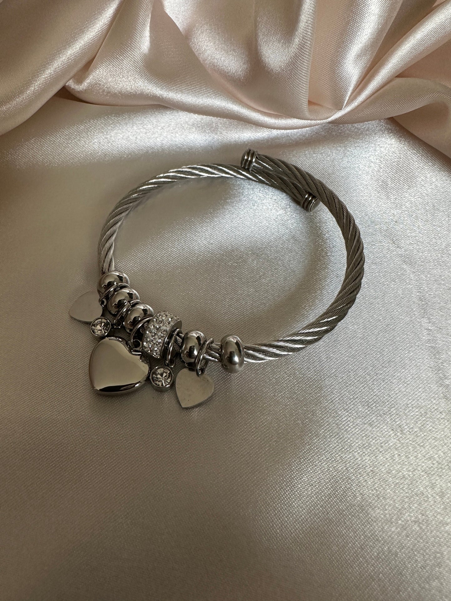 Silver Stainless Steel Charm Bangle: Hypoallergenic Heart Bracelet