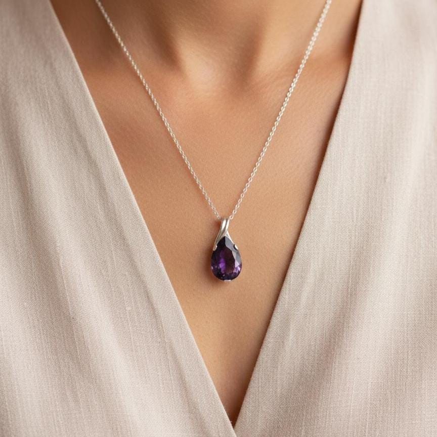 Dainty Amethyst Teardrop Necklace - February Birthstone Pendant