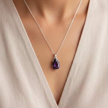 Dainty Amethyst Teardrop Necklace - February Birthstone Pendant