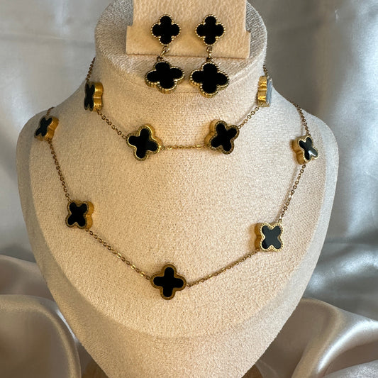 Fiona Four Leaf Clover Necklace Set Black