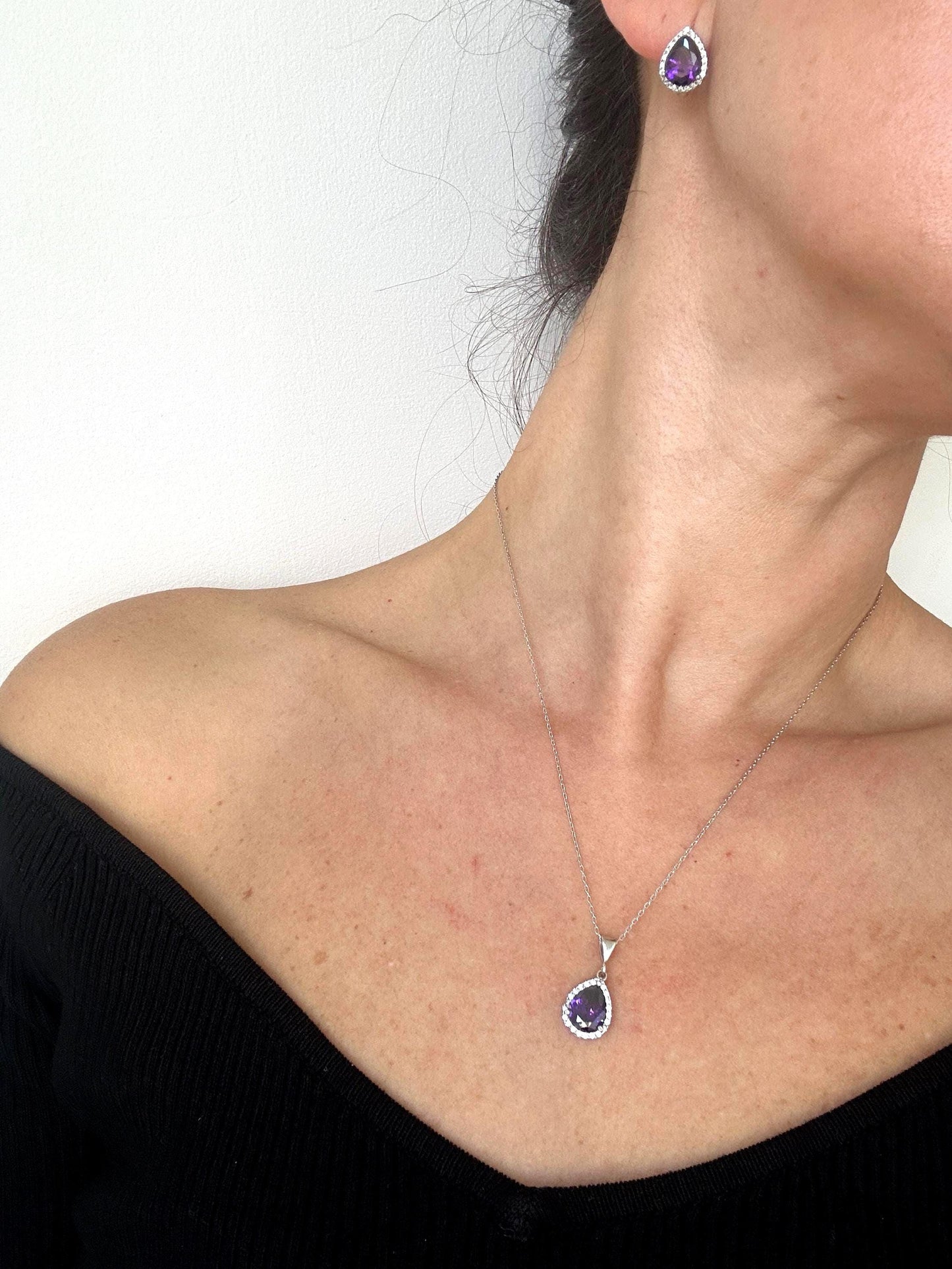Elegant Amethyst Teardrop Necklace & Earrings Set - February Birthstone Jewelry