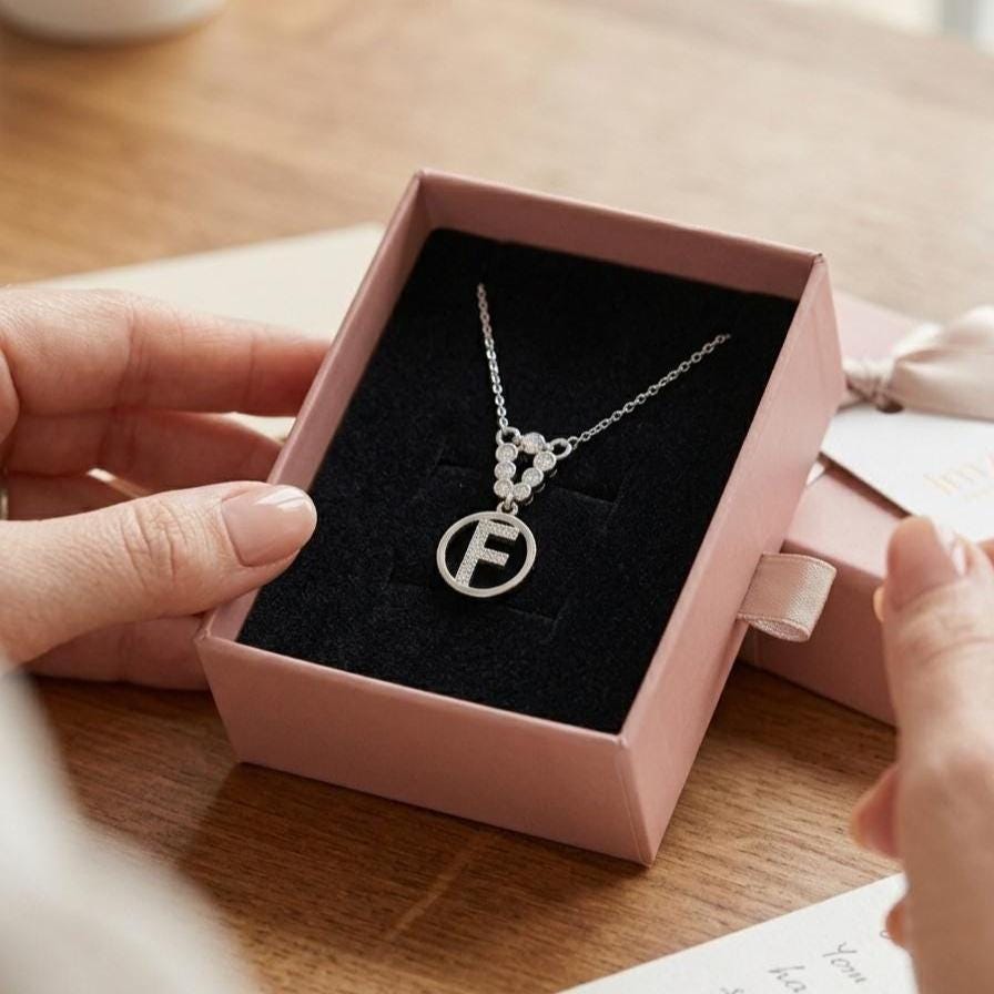 Custom Sterling Silver F Initial Necklace with Zircon Letter Charm