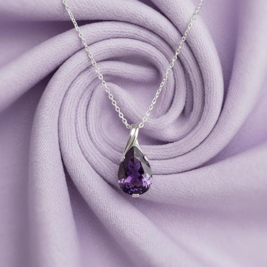 Dainty Amethyst Teardrop Necklace - February Birthstone Pendant