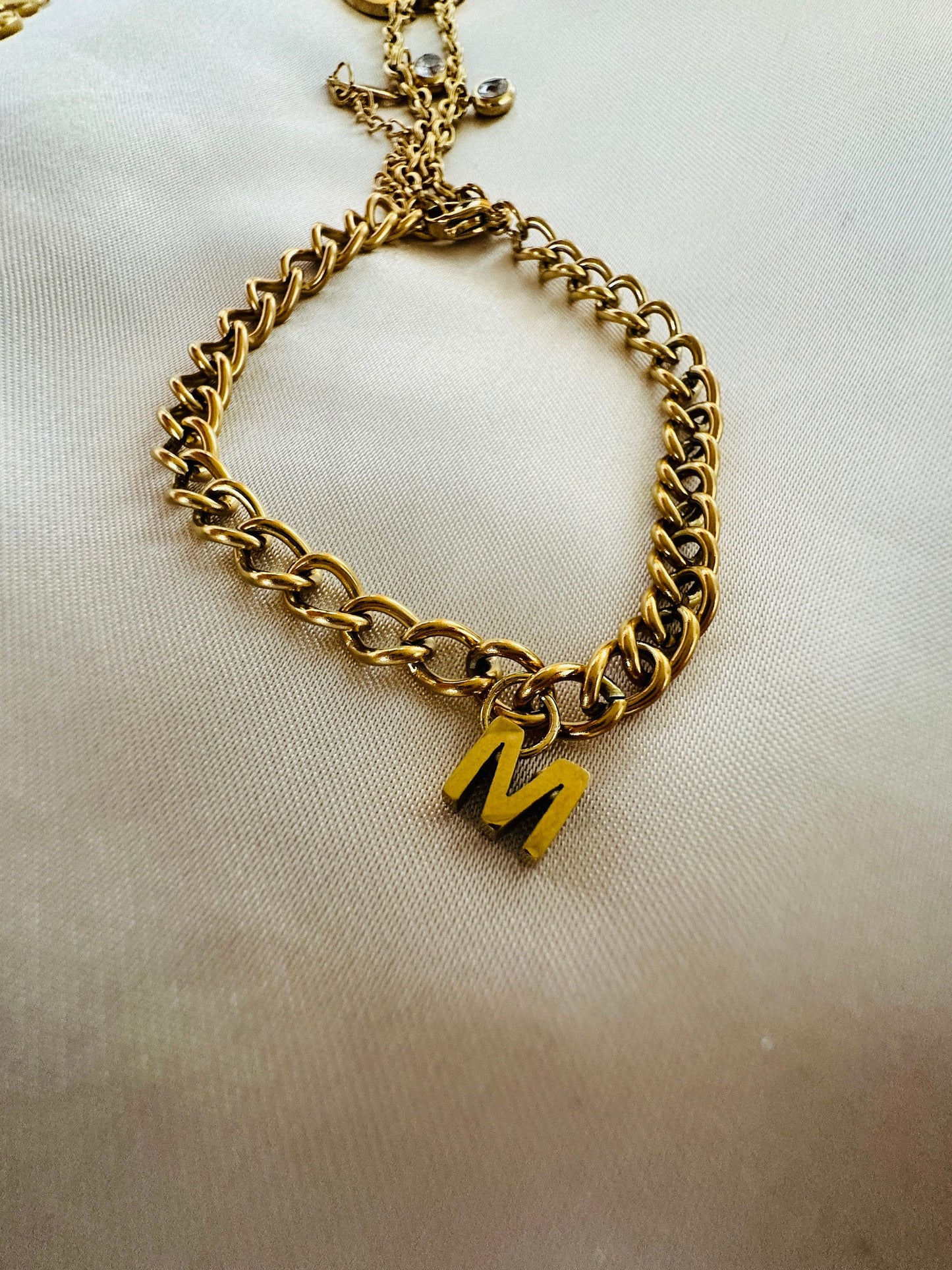 Gold Initial Bracelet: Personalized Letter Charm, Stainless Steel Curb Chain