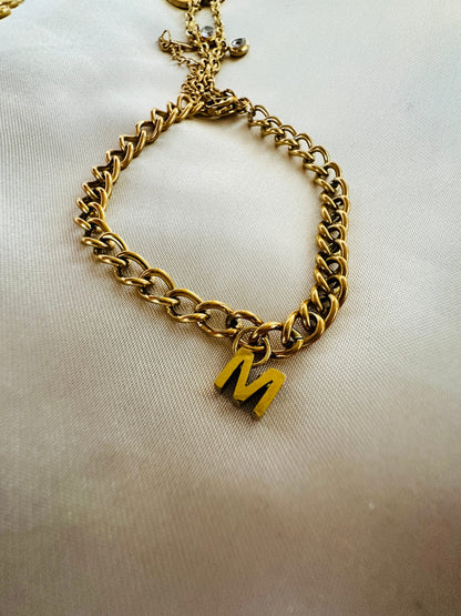 Gold Initial Bracelet: Personalized Letter Charm, Stainless Steel Curb Chain