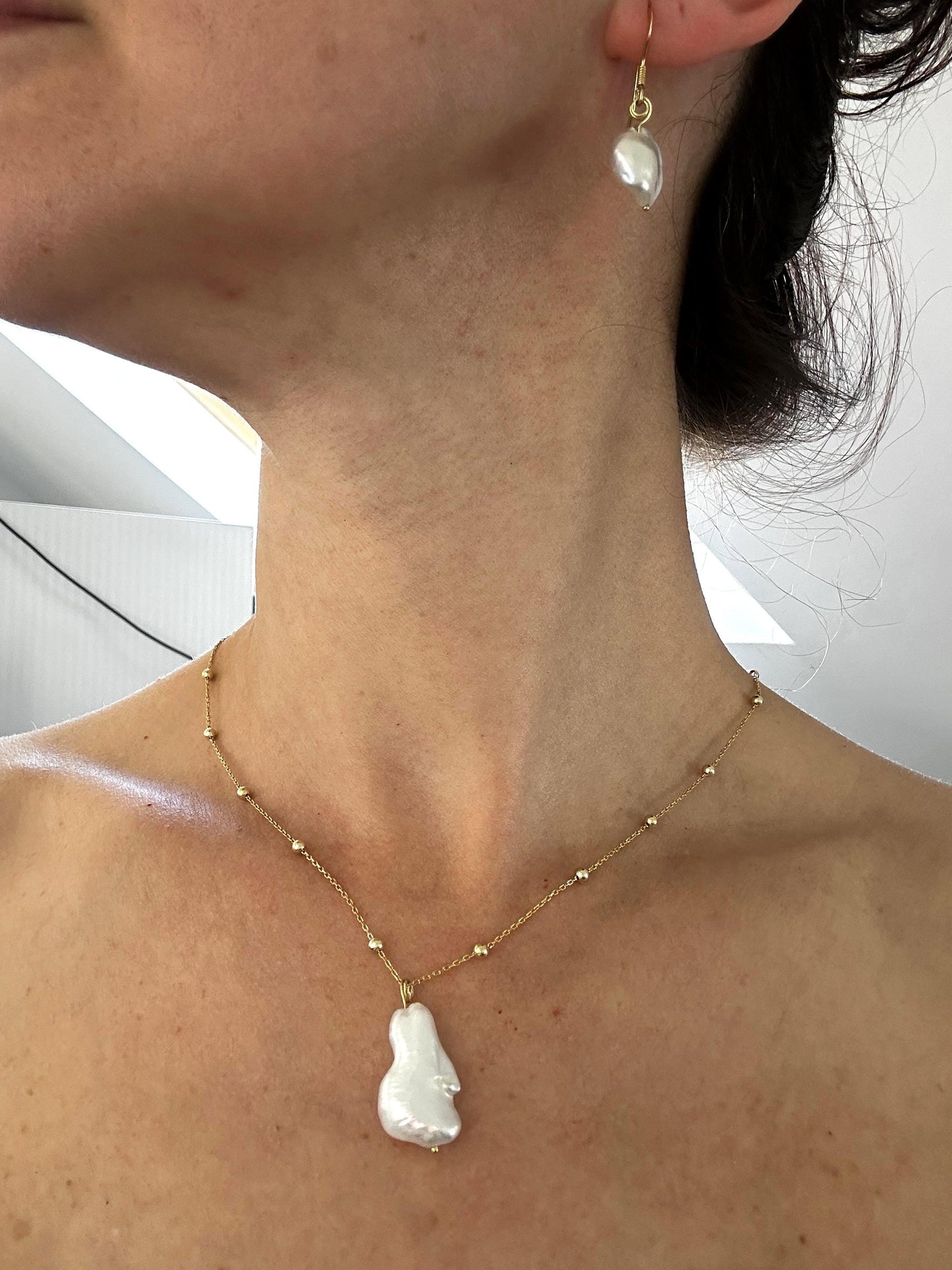 Gold Vermeil Baroque Keshi Pearl Necklace - Handmade Sterling Silver Jewelry