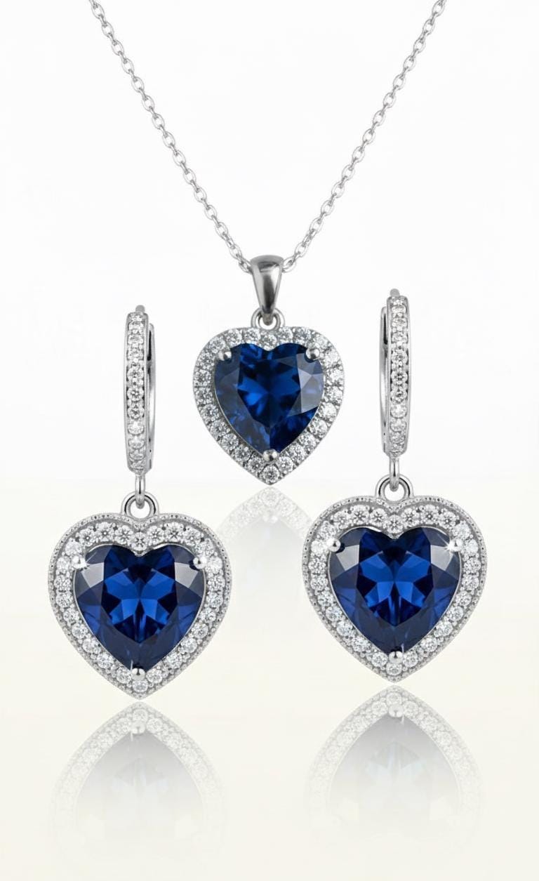 Sapphire Heart Sterling Silver Necklace & Earrings Set - September Birthstone