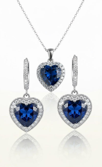 Sapphire Heart Sterling Silver Necklace & Earrings Set - September Birthstone