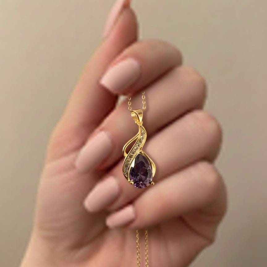 February Birthstone Necklace – Gold Vermeil Amethyst Teardrop Pendant