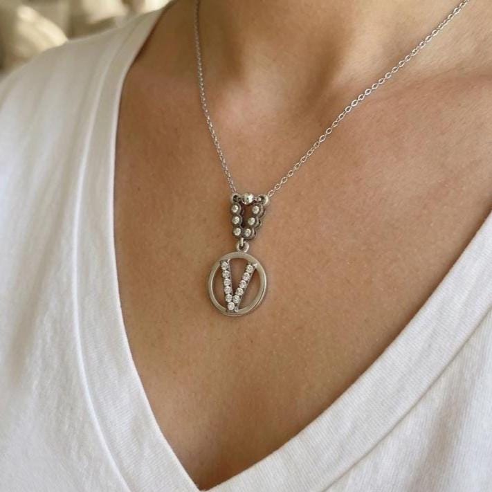 Personalized Sterling Silver V Initial Necklace - Custom Letter with Zircon