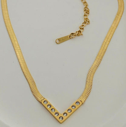 Herringbone Gold Necklace,Dainty V Pendant, Snake Chain