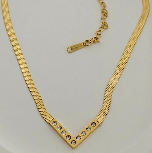 Herringbone Gold Necklace,Dainty V Pendant, Snake Chain