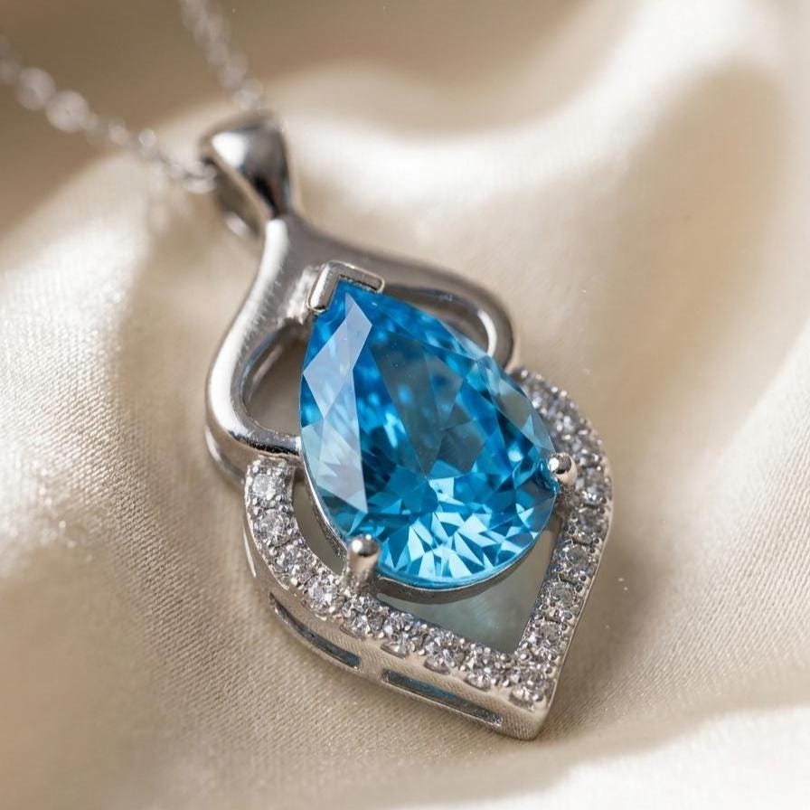 Aquamarine Pendant in Sterling Silver - March Birthstone Necklace -Gift For Her