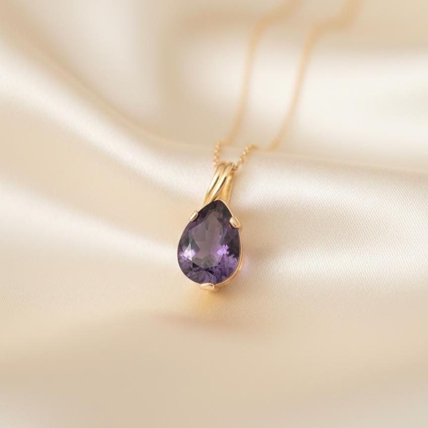 Gold Vermeil Amethyst Teardrop Necklace - February Birthstone Pendant - Dainty Jewelry