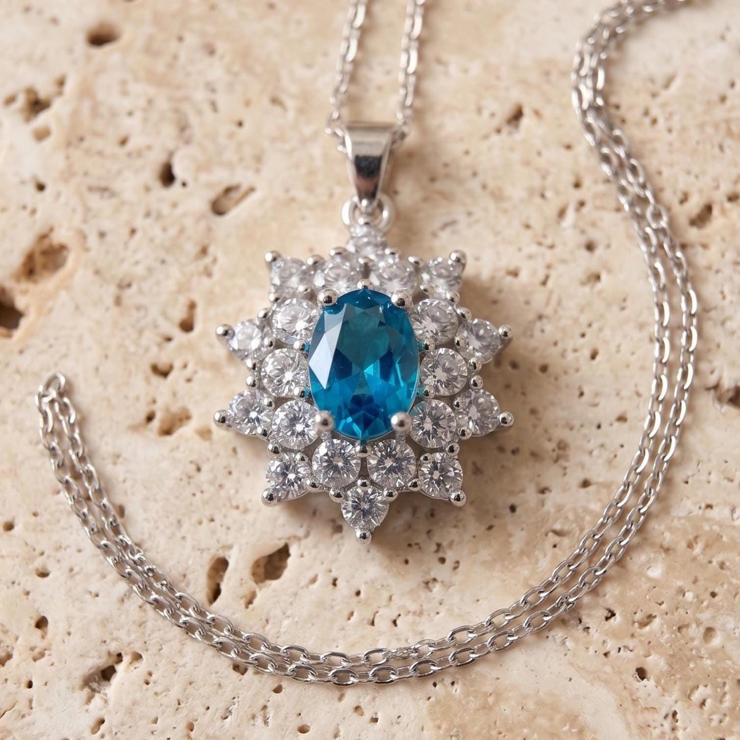 Dainty Blue Topaz Necklace in Sterling Silver– December Birthstone Floral Pendant - Gift For Her