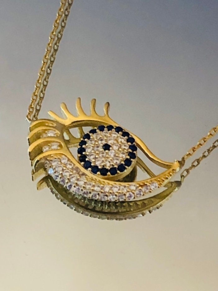 Gold Vermeil Evil Eye Necklace -  Sterling Silver Dainty Zircon Pendant - Gift For Her
