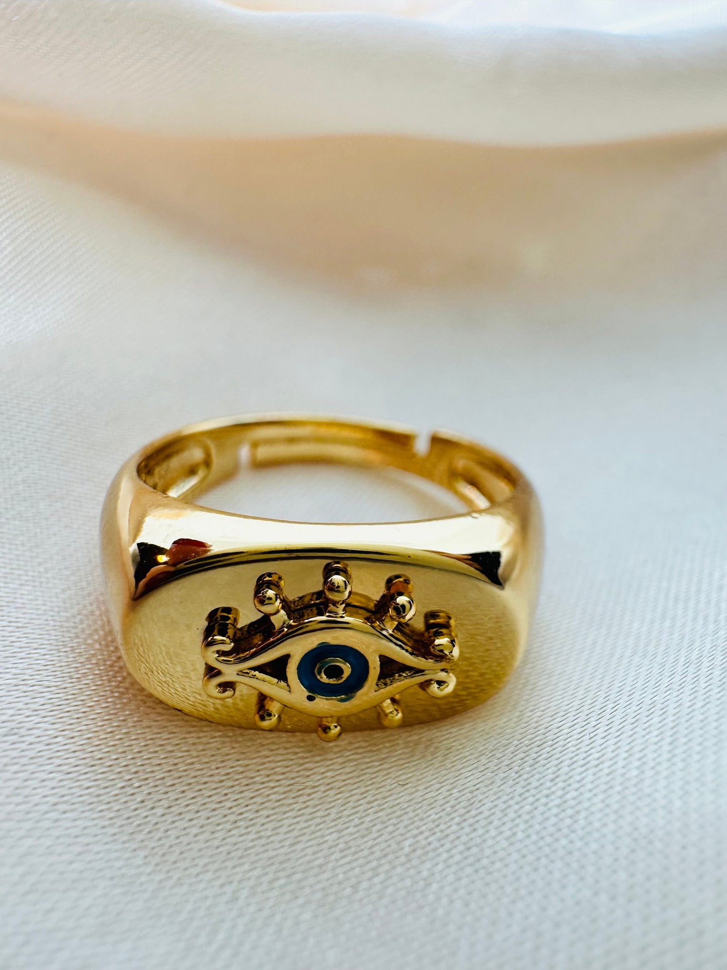 Gold Evil Eye Dome Ring - Adjustable Brass Ring